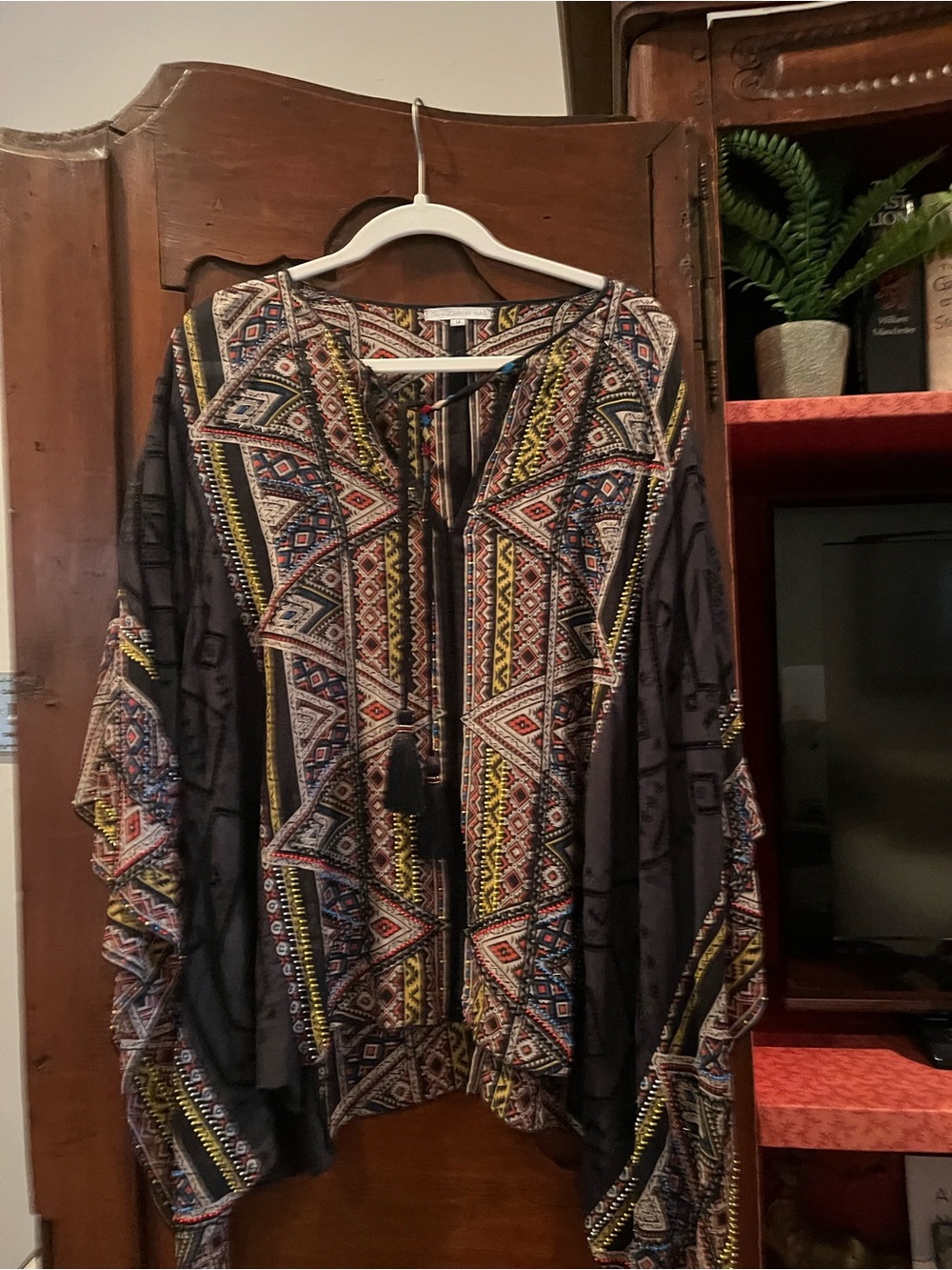 Johnny Was Black Tunic with Multicolor Geometric Embroidery